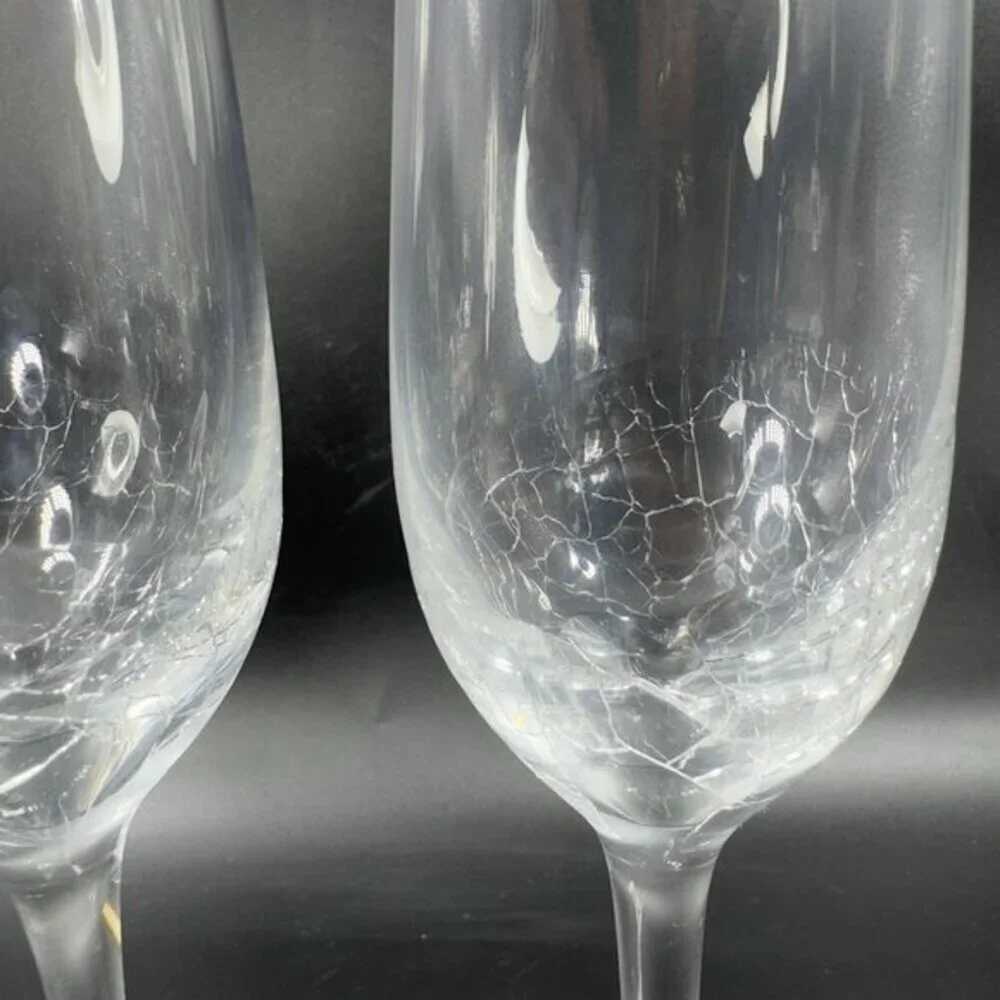 Pier 1 Clear Glass Crackle Angled Rim‎ Goblet Drinking Glasses Cups Flutes Set 2